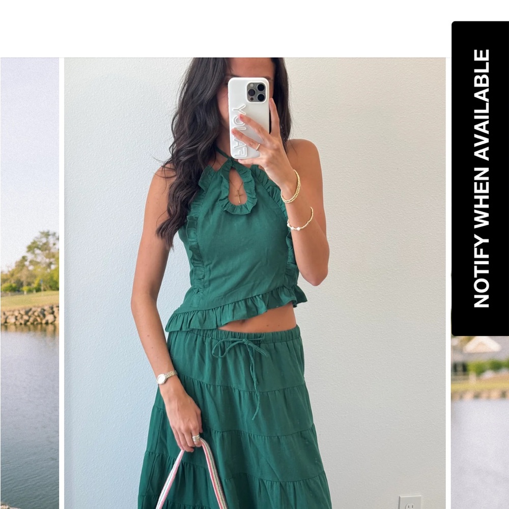 Green Sleeveless Ruffle Top and Skirt Set